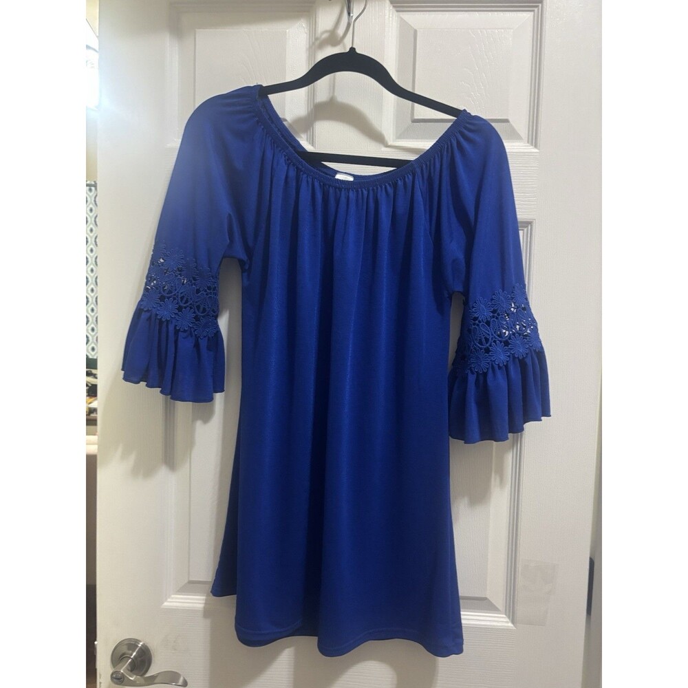 Win Win Women’s Blue Bell Sleeve Tunic Size S-M Stretchy Mini Dress Lace Sleeves - Picture 4 of 6